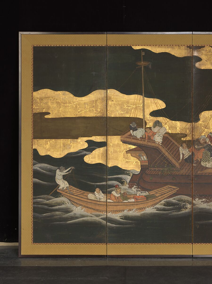 Arrival of the Europeans, Pair of six-panel folding screens; ink, color, gold, and gold leaf on paper, Japan