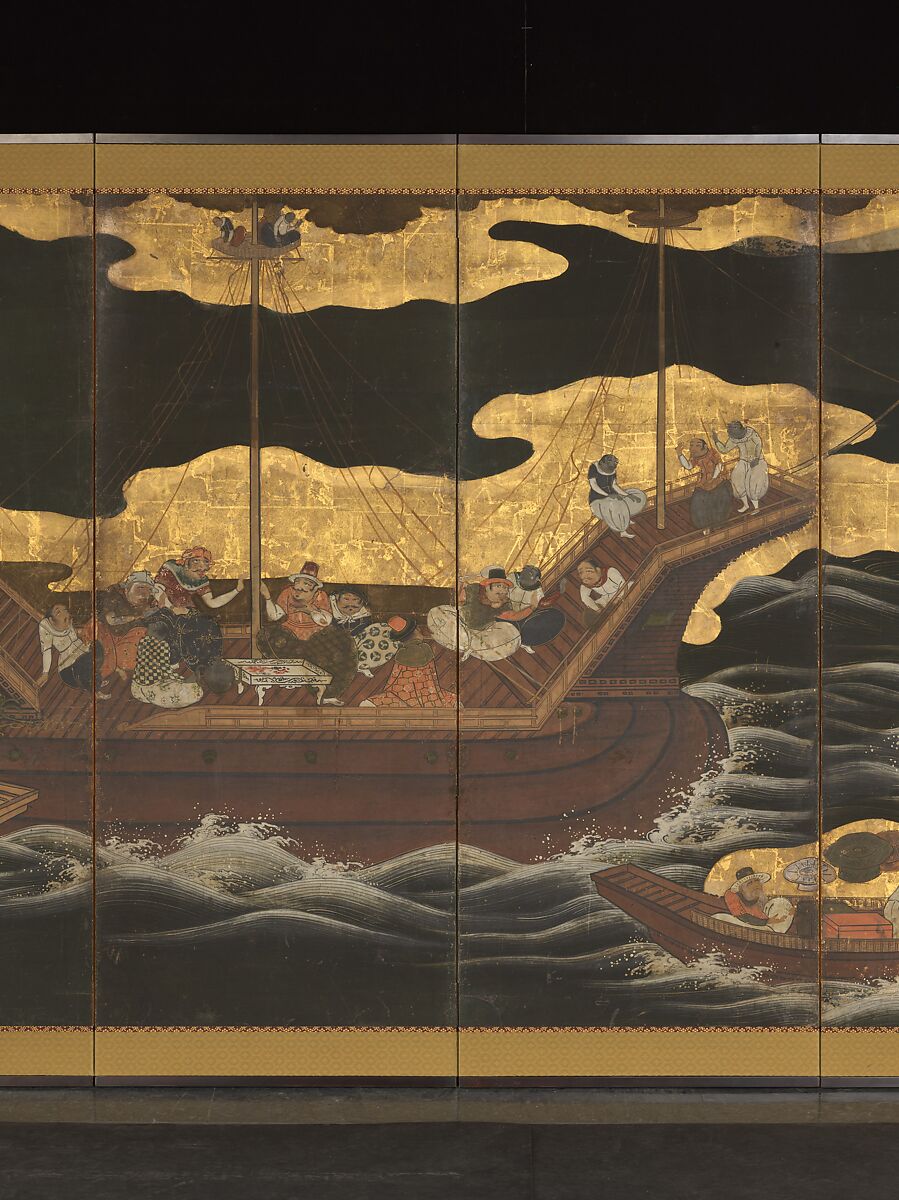 Arrival of the Europeans, Pair of six-panel folding screens; ink, color, gold, and gold leaf on paper, Japan