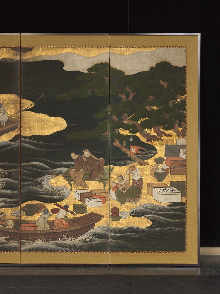 Arrival of the Europeans, Pair of six-panel folding screens; ink, color, gold, and gold leaf on paper, Japan