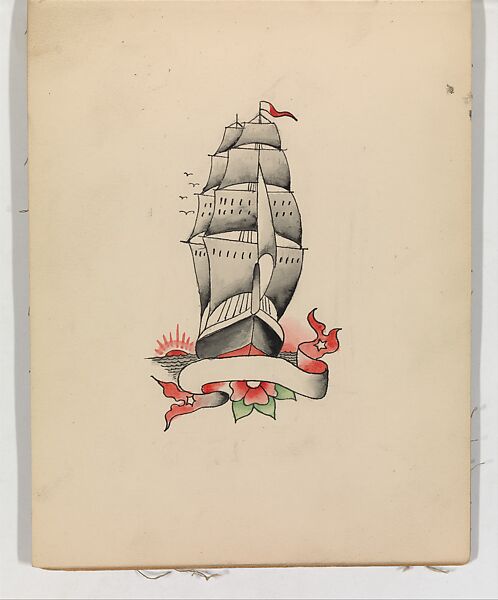Tattoo Design with a Ship, Clark &amp; Sellers (American, active 20th century), Pen and ink and watercolor 
