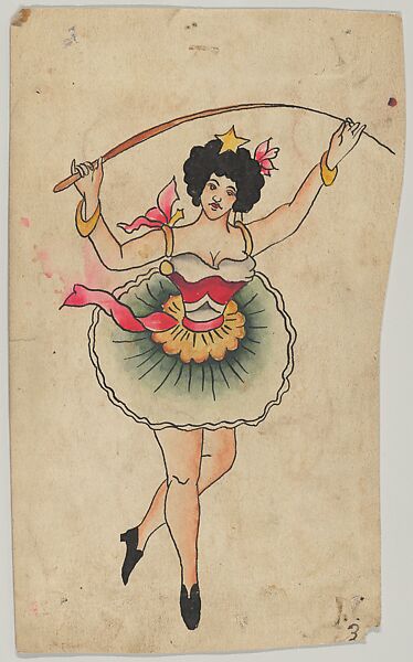 Tattoo Design of a Female Performer, Clark &amp; Sellers (American, active 20th century), pen and ink and watercolor 