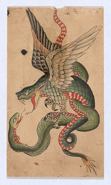 Tattoo Design with a Dragon and Snake (Inspired by Japanese Examples), Clark &amp; Sellers (American, active 20th century), pen and ink and watercolor 