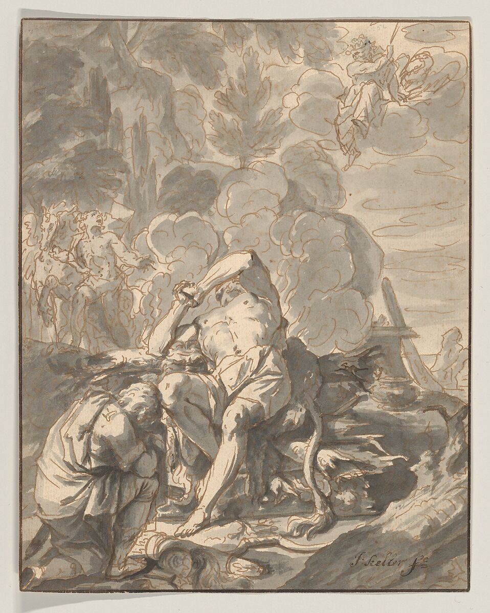 Hercules on the Stake, Johann Heinrich Keller (Swiss, Zurich 1692–1765 The Hague), Pen and light brown ink, brush and gray wash; framing lines in pen and brown ink 