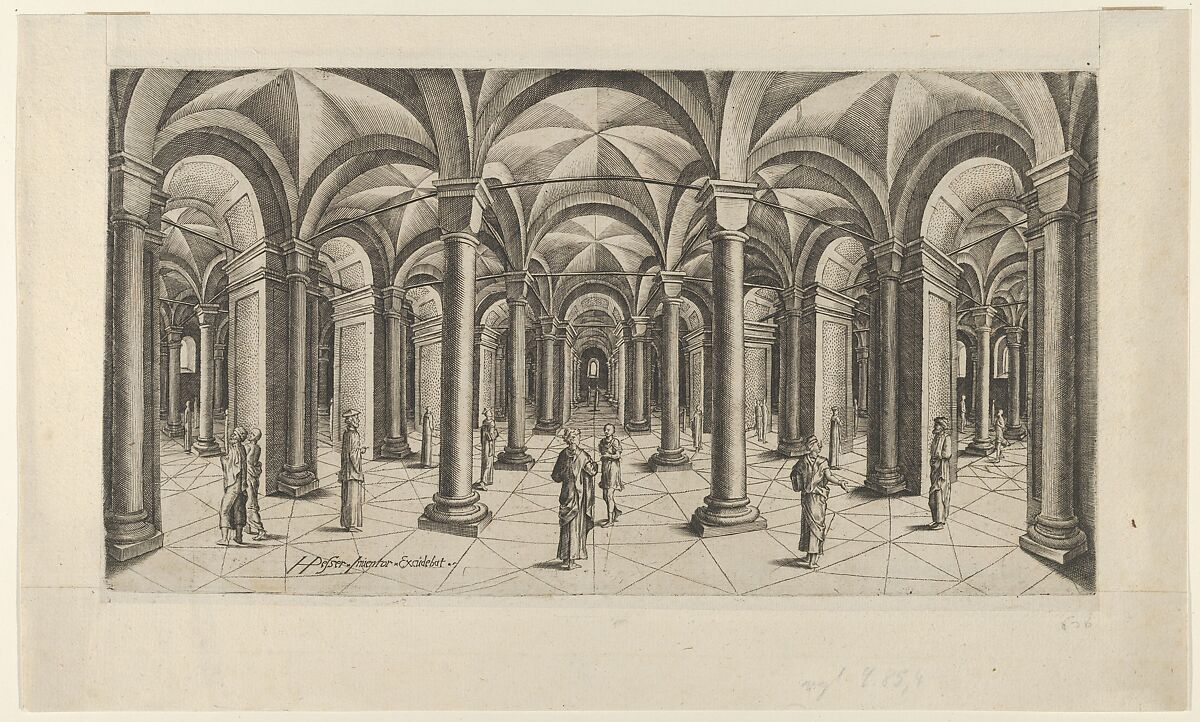 View in Fisheye perspective of a Hall with Columns and Cross Rib Vaulting, Hans Pesser (German, active 17th century), Engraving 