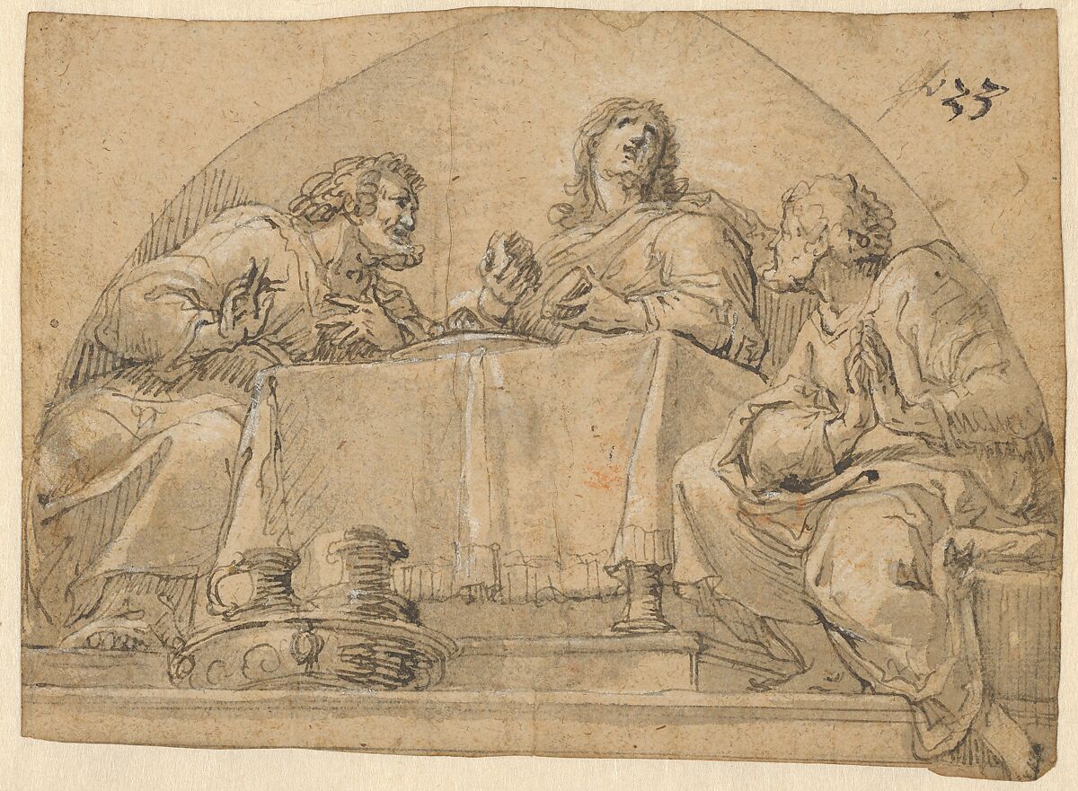 Christ at Emmaus, Hans Georg Asam (German, Rott am Inn 1649–1711 Sulzbach), Pen and brown ink, gray wash, heightened with white gouache, on buff paper 