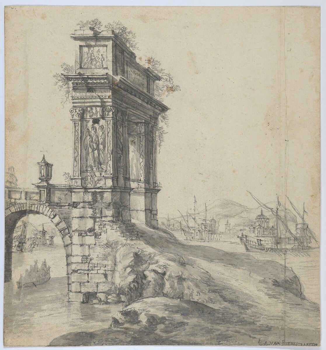 Capriccio of a Bridge with the Arcus Argentariorum by a Mediterranean Harbor, Johannes Abrahamsz Beerstraten (Dutch, Amsterdam 1622–1666 Amsterdam), Black chalk, graphite, brush and gray ink and wash; framing lines in black chalk 