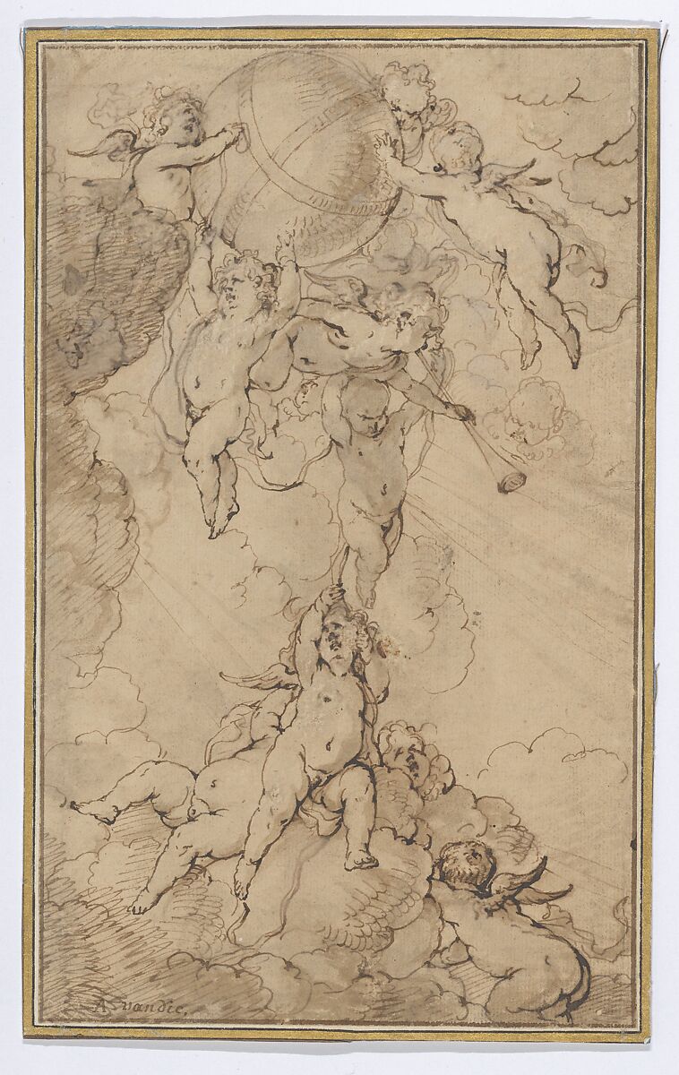 Putti in Clouds, Supporting a Globe, Jan Thomas (Flemish, Ypres 1617–1678 Vienna), Pen and brown ink, brush and brown wash; framing lines in pen and brown ink 