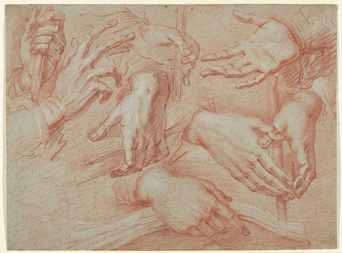 Study of Hands (recto); Study for a Reclining St. Francis (verso), Daniele Crespi (Italian, Busto Arsizio 1597/1600–1630 Milan), Red and white chalk on blue paper (recto); red chalk on blue paper (verso) 