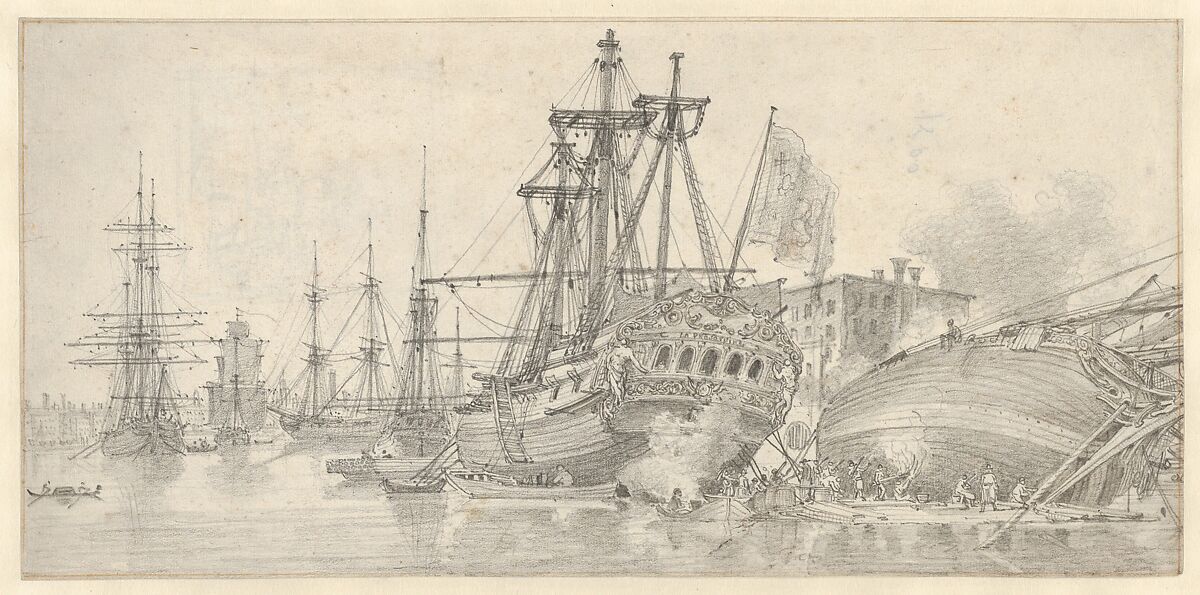 The Proserpine at anchor in Venice, Louis François Cassas (French, Azay-le-Ferron 1756–1827 Versailles), Black chalk, with framing lines in red chalk 