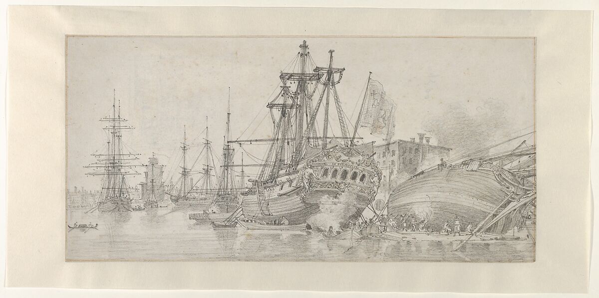 The Proserpine at anchor in Venice, Louis François Cassas (French, Azay-le-Ferron 1756–1827 Versailles), Black chalk; framing lines in red chalk