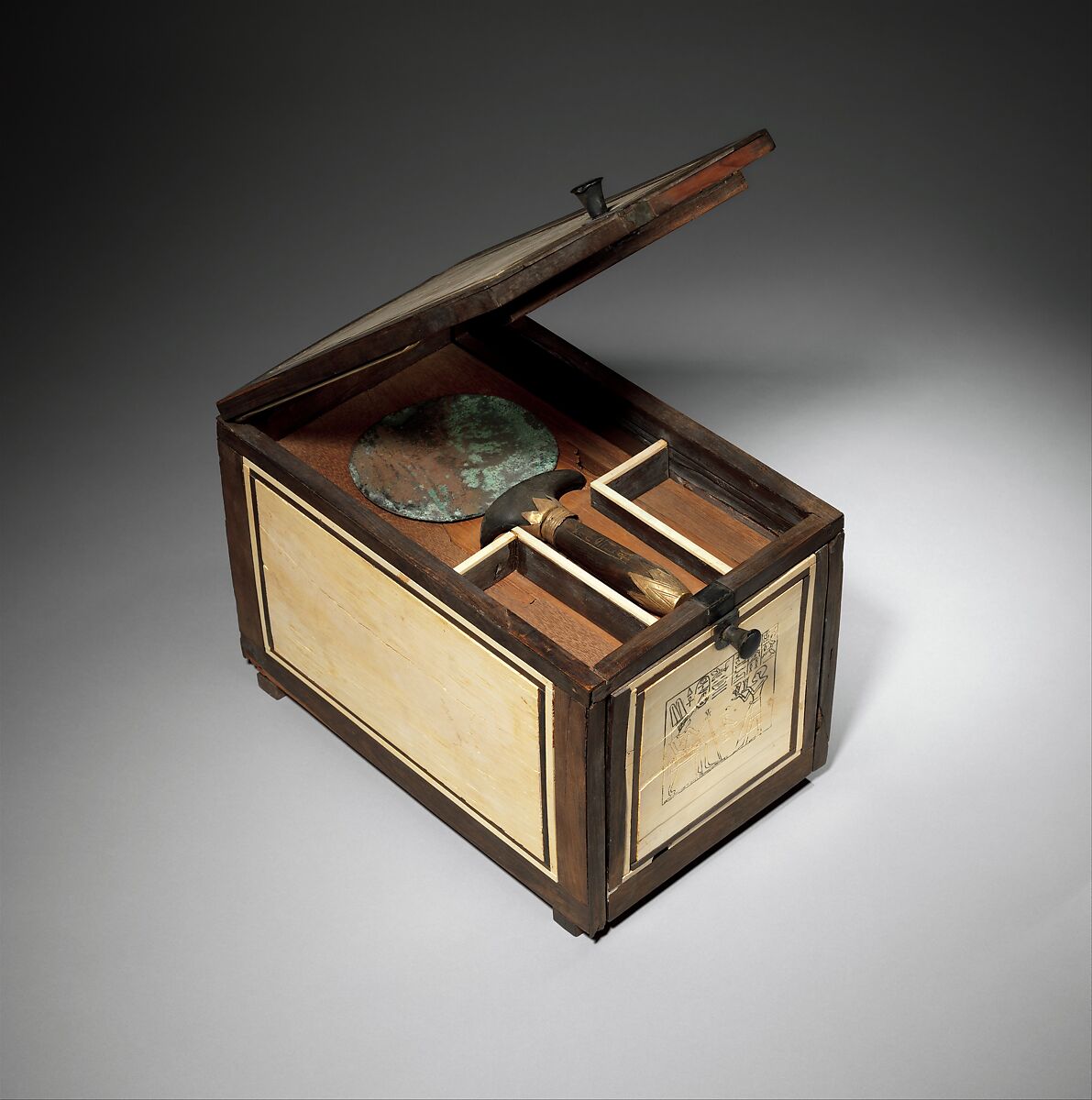 Cosmetic Box of Kemeni and Mirror of Reniseneb, Cedar, with ebony and ivory veneer and silver mounting