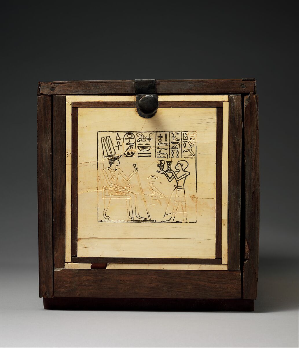 Cosmetic Box of Kemeni and Mirror of Reniseneb, Cedar, with ebony and ivory veneer and silver mounting