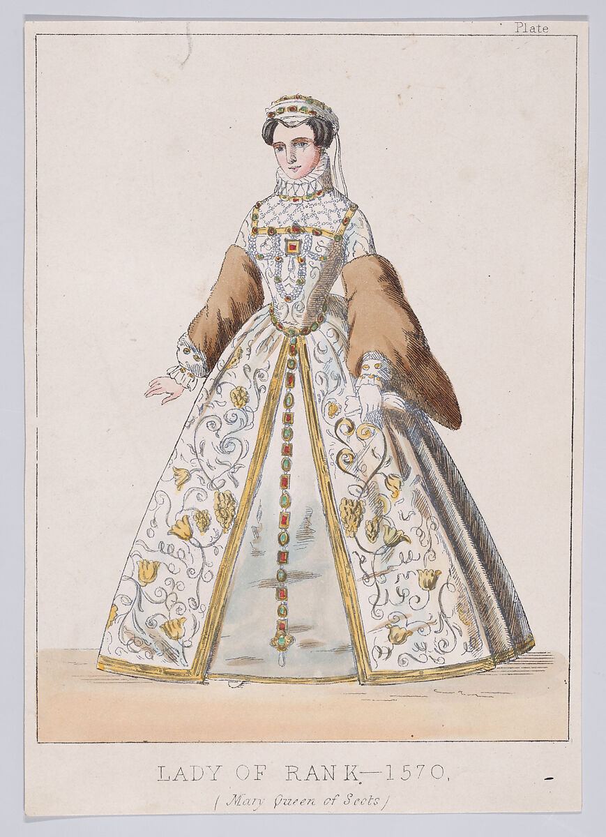 Mary, Queen of Scots as a Lady of Rank (from "Female costumes, historical, national, and dramatic," plate 163), Thomas Hailes Lacy (London), Etcing and engraving 