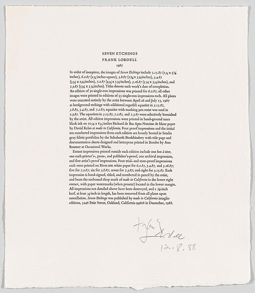 Seven Etchings, Frank Lobdell (American, Kansas City, Missouri 1921–2013 Palo Alto, California), Hardground etching