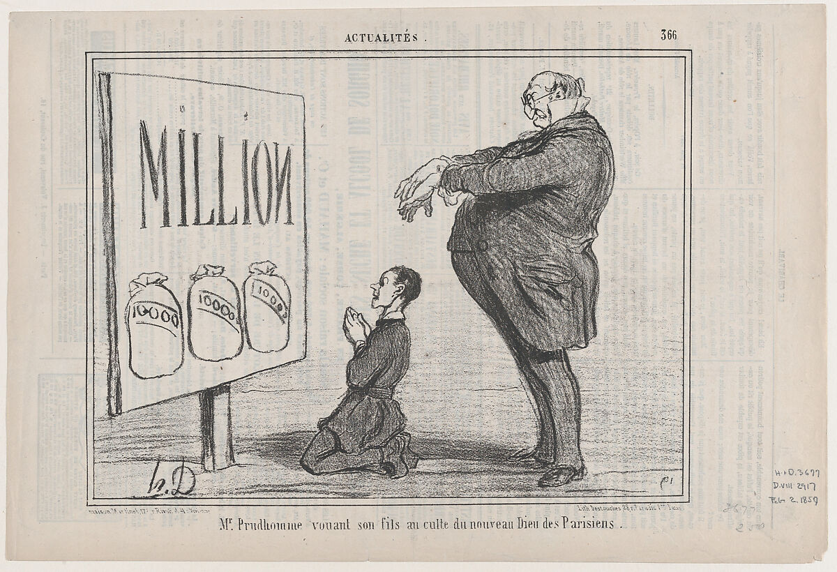 Mr. Prudhomme vouant son fils au...nouveau dieu..., from Actualitès, published in Le Charivari, February 2, 1857, Honoré Daumier (French, Marseilles 1808–1879 Valmondois), Lithograph 