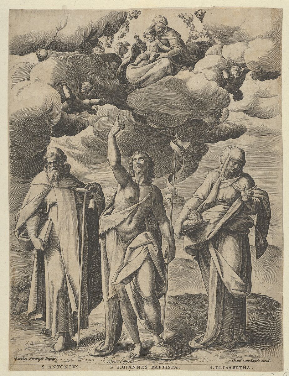 Saint Anthony, Saint John the Baptist, and Saint Elizabeth, Crispijn de Passe the Elder (Netherlandish, Arnemuiden 1564–1637 Utrecht), Engraving 
