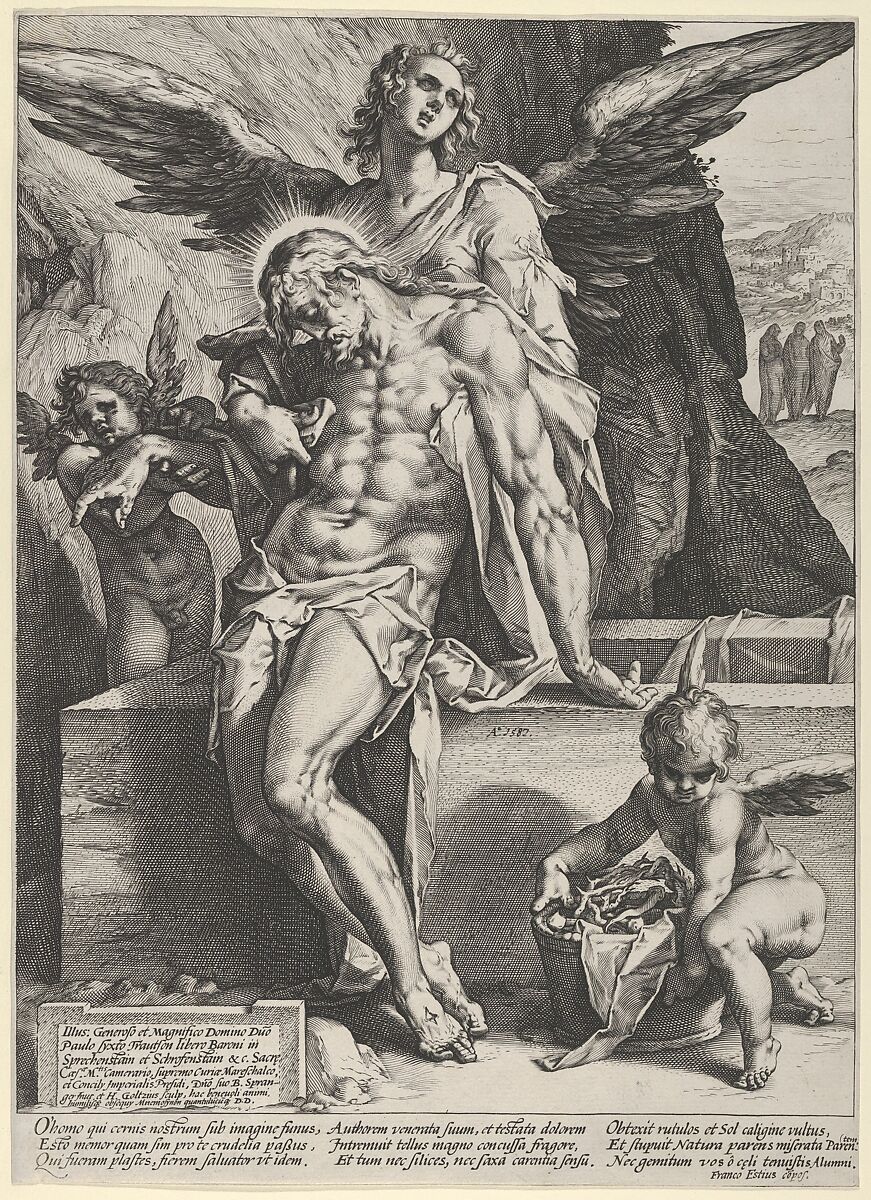 The Dead Saviour Supported by an Angel, Hendrick Goltzius (Netherlandish, Mühlbracht 1558–1617 Haarlem), Engraving 