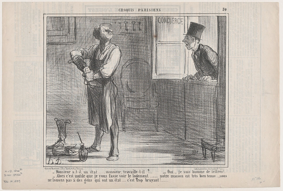 Monsieur a-t-il un état..., from Croquis Parisiens, published in Le Charivari, February 15, 1857, Honoré Daumier (French, Marseilles 1808–1879 Valmondois), Lithograph; second state of two (Delteil) 