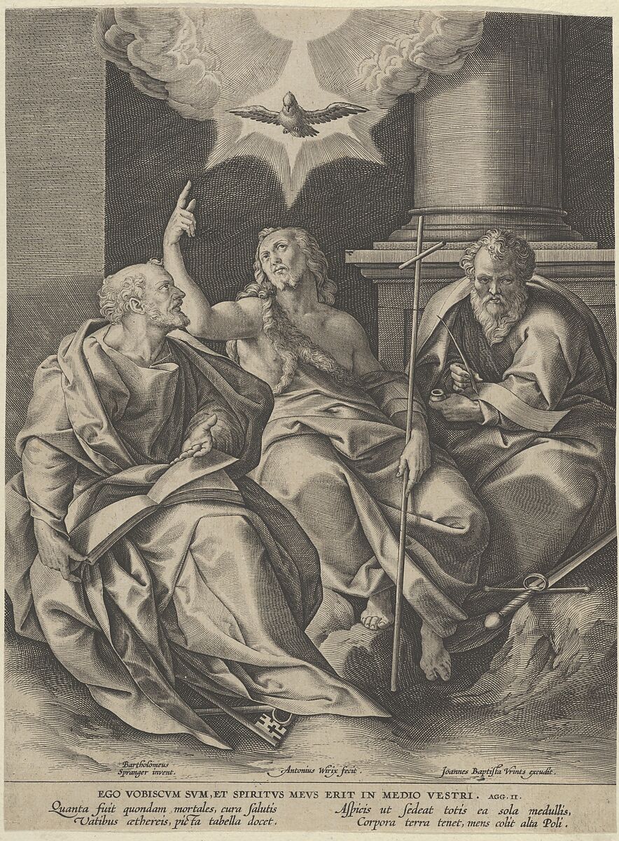 Saint Peter, Saint Paul, and Saint John the Baptist, Antonius Wierix, II (Netherlandish, Antwerp 1555/59–1604 Antwerp), Engraving 