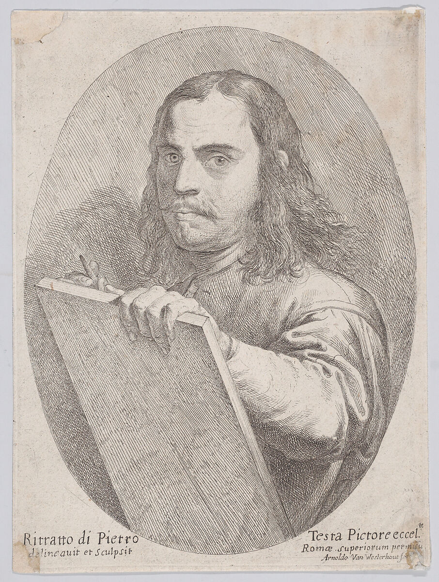 Self portait as an artist, holding a drawing board and implement, Pietro Testa (Italian, Lucca 1612–1650 Rome), Etching 