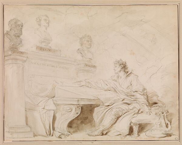 An Homage to Gluck, Jean Honoré Fragonard (French, Grasse 1732–1806 Paris), Brown wash over black chalk underdrawing 