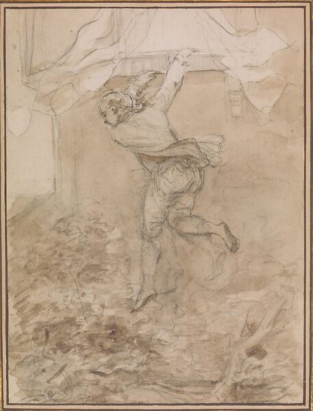 Saint Phar Escaping through the Window of Aline's Room, Jean Honoré Fragonard (French, Grasse 1732–1806 Paris), Brown wash over black chalk underdrawing 