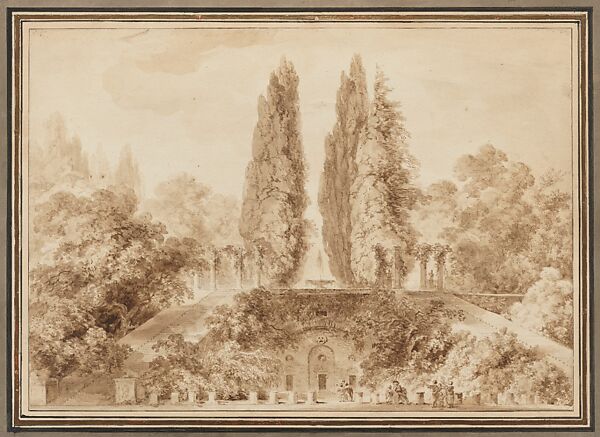 Landscape with Double Flight of Steps, Jean Honoré Fragonard (French, Grasse 1732–1806 Paris), Brown wash over black chalk 