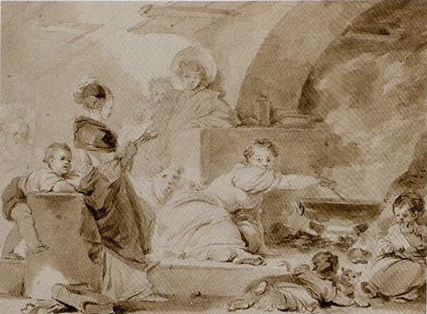 Reading in the Kitchen, Jean Honoré Fragonard (French, Grasse 1732–1806 Paris), Brown wash over black chalk underdrawing 