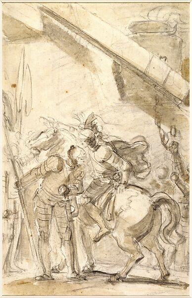Orlando Leaves Paris in Disguise, Jean Honoré Fragonard (French, Grasse 1732–1806 Paris), Brush and brown wash over black chalk 