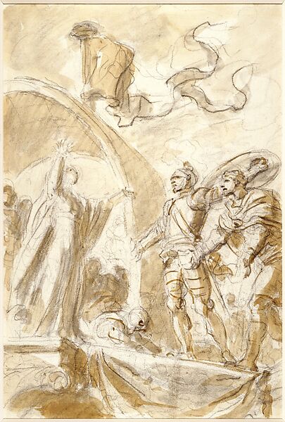 Orlando Returns Bireno to Olimpia, Jean Honoré Fragonard (French, Grasse 1732–1806 Paris), Black conté crayon and brown wash 