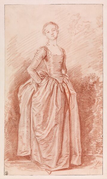 A Young Woman Standing with her Hands on her Hips (La Coquette), Jean Honoré Fragonard (French, Grasse 1732–1806 Paris), Red chalk over black chalk underdrawing 