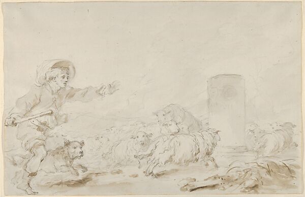 The Frightened Flock, Jean Honoré Fragonard (French, Grasse 1732–1806 Paris), Brush and brown and light gray wash over black chalk 