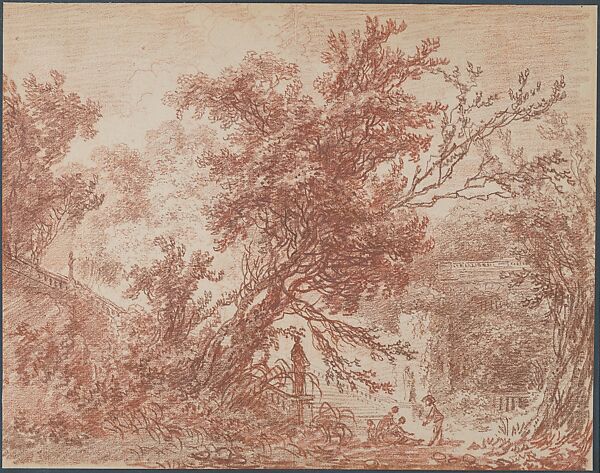 A Park Landscape, Jean Honoré Fragonard (French, Grasse 1732–1806 Paris), Two colors of red chalk 