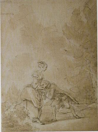 Saint Phar Kissing the Hand of Aline, Queen of Golconda, Jean Honoré Fragonard (French, Grasse 1732–1806 Paris), Brown wash over black chalk underdrawing 
