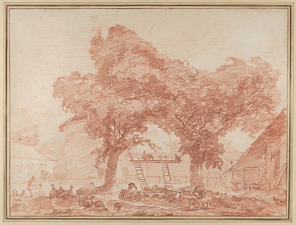 The Service Yard of a Château, with Poultry, Jean Honoré Fragonard (French, Grasse 1732–1806 Paris), Red chalk 