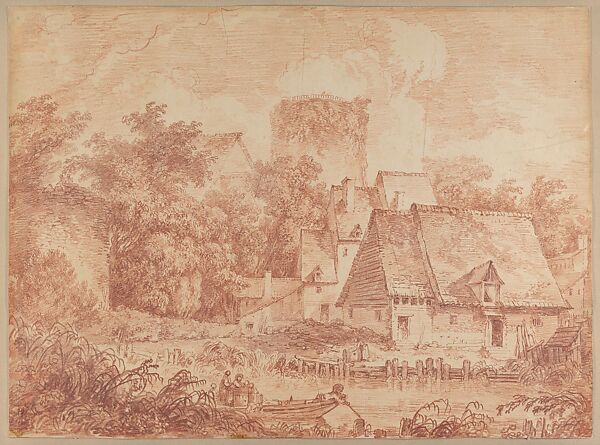 Farm Buildings beside a Waterway, Jean Honoré Fragonard (French, Grasse 1732–1806 Paris), Red chalk over traces of black chalk underdrawing 