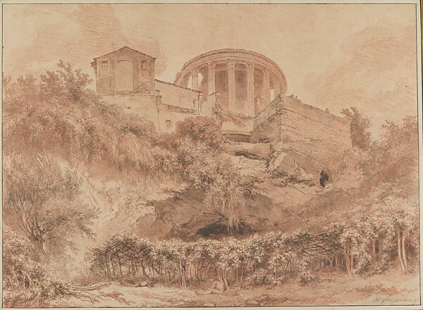 View of the Temple of Vesta at Tivoli, Jean Honoré Fragonard (French, Grasse 1732–1806 Paris), Red chalk counterproof, reworked by the artist in brown ink, brown and gray wash 