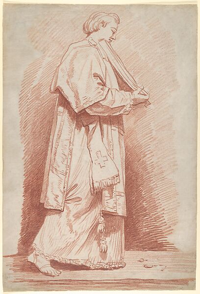 Life Study: Deacon Carrying a Book, Jean Honoré Fragonard (French, Grasse 1732–1806 Paris), Red chalk 