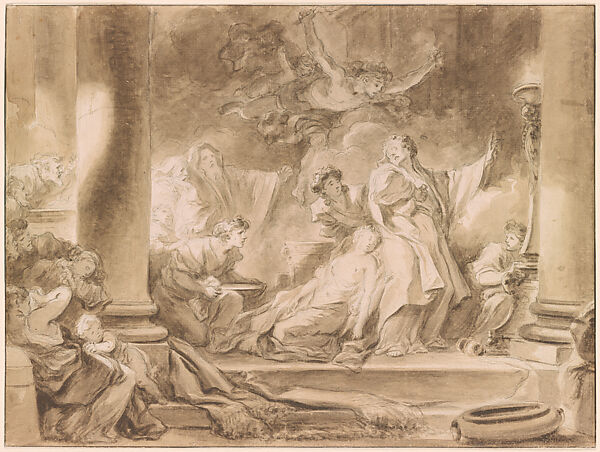 Coresus and Callirhoë, Jean Honoré Fragonard (French, Grasse 1732–1806 Paris), Brown wash over black chalk underdrawing 