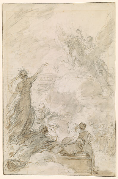 With Logistilla's Guidance, Ruggiero Masters the Hippogryph, Jean Honoré Fragonard (French, Grasse 1732–1806 Paris), Brush and brown wash over black chalk 