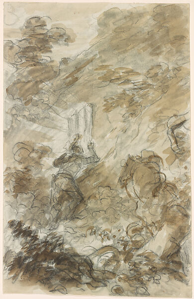 PInabello is Drawn to the Light from Merlin's Cave, Jean Honoré Fragonard (French, Grasse 1732–1806 Paris), Brush and brown wash over black chalk 