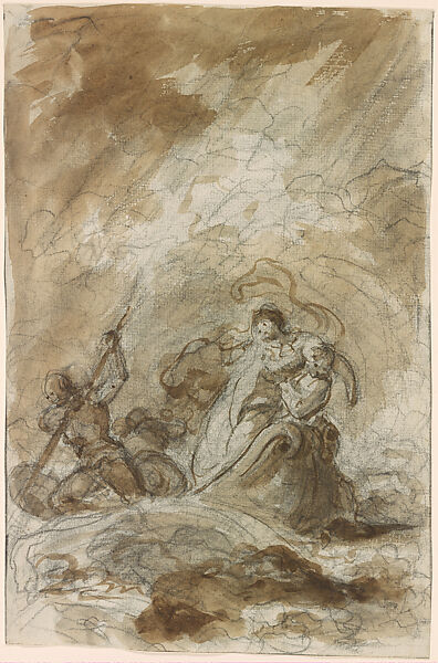 After the Shipwreck, Isabella is Rowed to Shore, Jean Honoré Fragonard (French, Grasse 1732–1806 Paris), Brush and brown wash over black chalk 