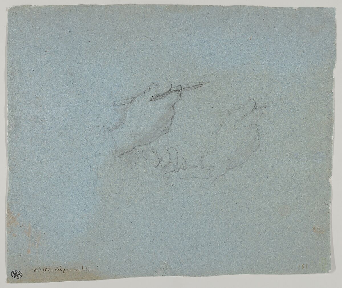 Study of Hands, Charles Joseph Natoire (French, Nîmes 1700–1777 Castel Gandolfo), Black and white chalks on blue paper 