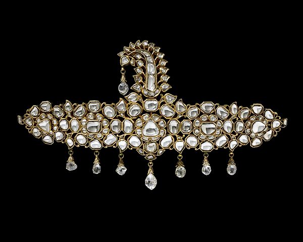 Turban Ornament (sarpesh), Gold, set with diamonds; enamel on reverse 
