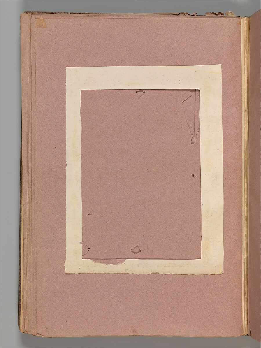 Empty Album that formerly housed a group of 50 Goya drawings, Brown buckram covers with a brown leather spine, forty-two pink paper leaves (from which Goya's drawings were removed in 1935)