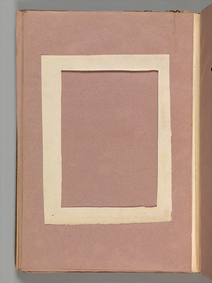 Empty Album that formerly housed a group of 50 Goya drawings, Brown buckram covers with a brown leather spine, forty-two pink paper leaves (from which Goya's drawings were removed in 1935)