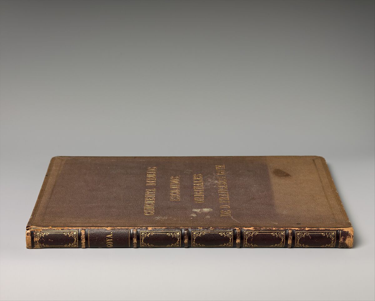 Empty Album that formerly housed a group of 50 Goya drawings, Brown buckram covers with a brown leather spine, forty-two pink paper leaves (from which Goya's drawings were removed in 1935)