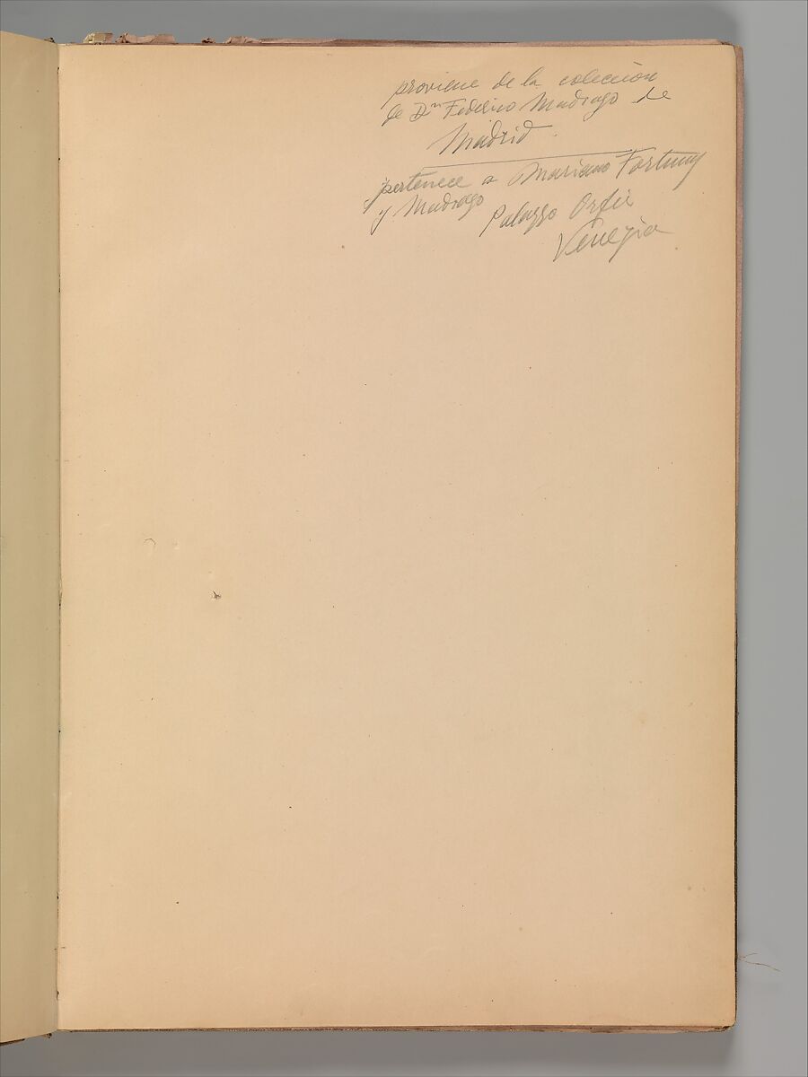 Empty Album that formerly housed a group of 50 Goya drawings, Brown buckram covers with a brown leather spine, forty-two pink paper leaves (from which Goya's drawings were removed in 1935)