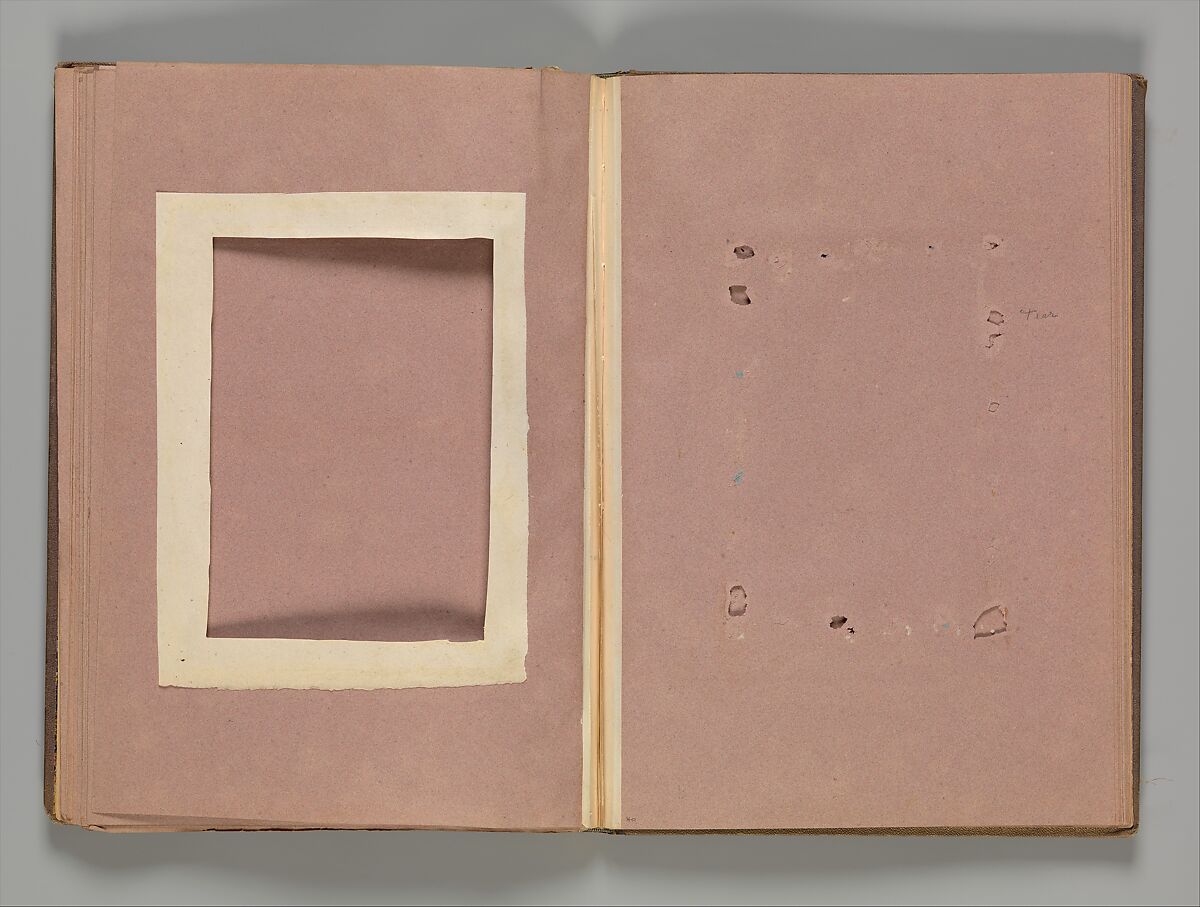Empty Album that formerly housed a group of 50 Goya drawings, Brown buckram covers with a brown leather spine, forty-two pink paper leaves (from which Goya's drawings were removed in 1935)