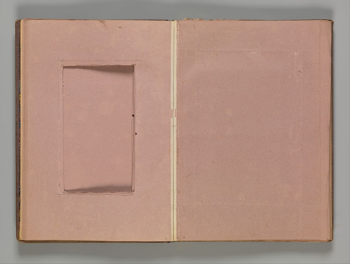 Empty Album that formerly housed a group of 50 Goya drawings, Brown buckram covers with a brown leather spine, forty-two pink paper leaves (from which Goya's drawings were removed in 1935)